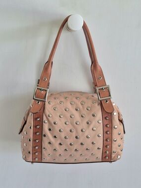 Be & D Garbo Peach & Tan Leather Medium  Shoulder Bag With Silver Stud Accents
